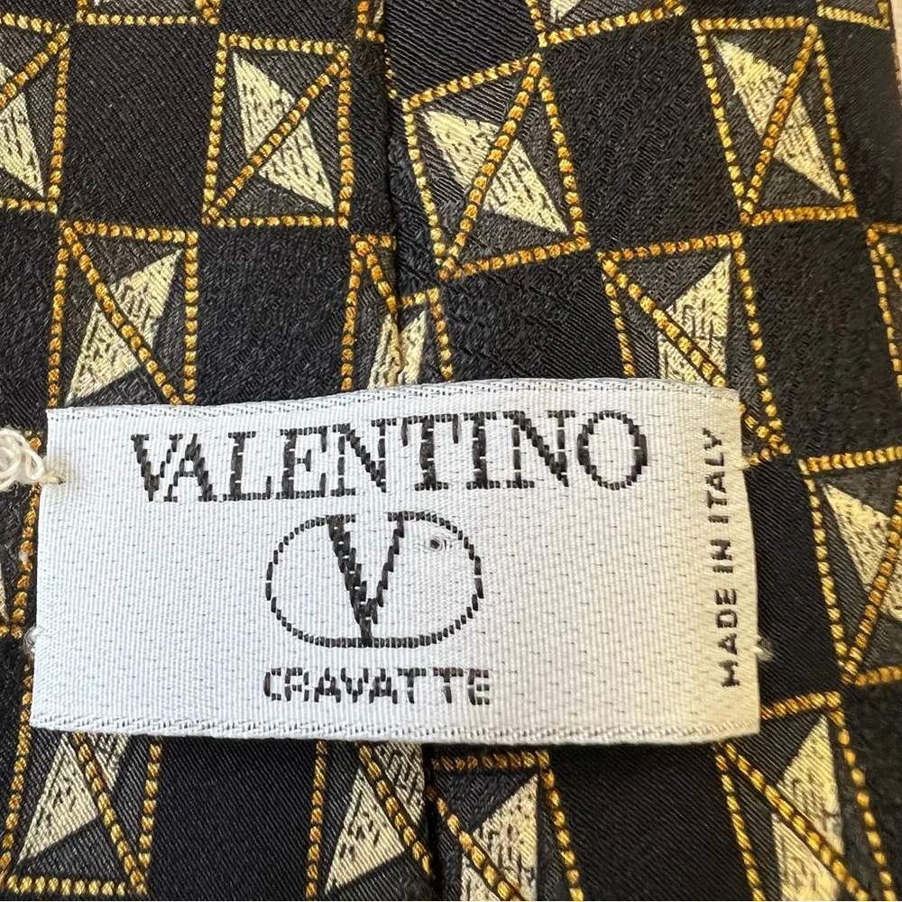 Valentino Men's Necktie 58”Handmade in Italy, 100% Silk Gold & Black Geometric